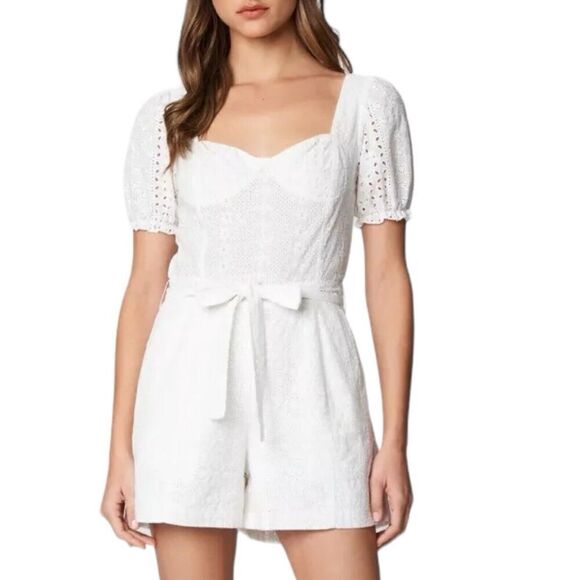 BLANKNYC Women’s S Eyelet Puff Sleeve Romper Downtown Vibes Lined Ivory Bow Tie - Picture 1 of 13